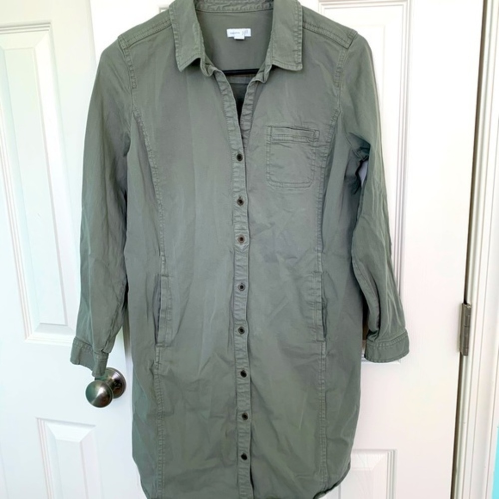 J Jill live in chino size 6‎ petite button up tunic top dress olive green
